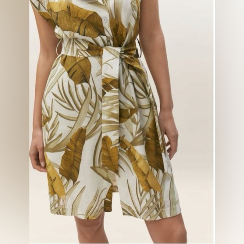 Massimo Dutti Leaves Print 100% Linen Belt Dress Two Pockets Sz M EU38
